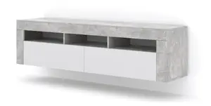 MORENO 160 TV Cabinet - White Matt and Bright Concrete, Versatile Wall Mountable or Free-Standing Unit 350mm x 410/430mm x 1600mm