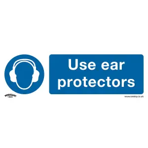 Mandatory Use Ear Protectors Safety Sign - Rigid Plastic 300 x 100mm