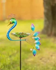 Garden Peacock Glass Bird Bath Feeder Stake