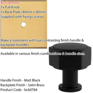 Cabinet Door Knob & Contrasting Backplate Set - Hex Kitchen Pull - Matt Black & Satin Brass