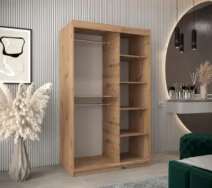 Elypse Contemporary 2 Mirrored Sliding Door Wardrobe 5 Shelves 2 Rails Artisan Oak Effect (H)2000mm (W)1200mm (D)620mm