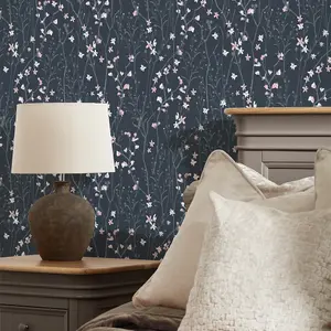 Summer Meadow Wallpaper In Navy And Pink