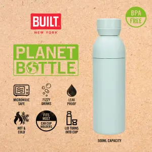 BUILT Planet Bottle, 500ml Recycled Reusable Water Bottle with Leakproof Lid - Green