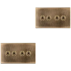 2 PACK 4 Gang Quad Retro Toggle Light Switch SCREWLESS ANTIQUE BRASS 10A 2 Way