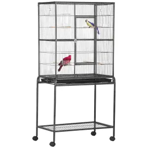 PawHut Rolling Bird Cage w/ Detachable stand Storage Shelf Wood Perch Food Cup