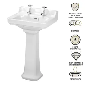 Traditional 2 Tap Hole Ceramic Bathroom Basin Sink & Full Pedestal - 560mm