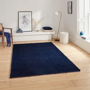 Blue Plain Shaggy 45mm Thick Stain-Resistant Rug For Bedroom, & Dining Room, Easy to Clean Modern Rug-160cm X 230cm