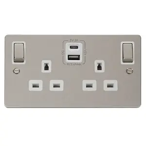 Flat Plate Pearl Nickel 2 Gang 13A DP Ingot Type A & C USB Twin Double Switched Plug Socket - White Trim - SE Home