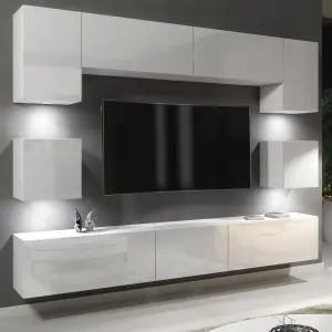 Panorama Wall TV Unit White with High Gloss Doors and LED Lighting - Creative Furniture