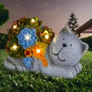 Large Solar Cat Garden Ornament Indoor/Outdoor with 6 LED Lights