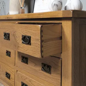 Elm Home And Garden Wide 6 drawer Chest Of Rustic Oak Drawers 78cm High x 128cm Wide x 40cm Deep