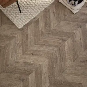 GoodHome Leyton Grey Herringbone Oak effect Laminate flooring Sample