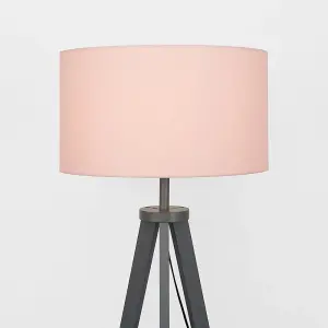 ValueLights Morrigan Grey Wood Tripod Design Floor Lamp with Storage Shelf and Pink Drum Shade