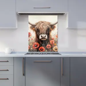 Highland Cow And Summer Flowers Kitchen Splashback