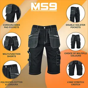 MS9 Mens Work Redhawk Cargo Combat Holster Pockets Tactical Worker Working Shorts E1, Black - 34W