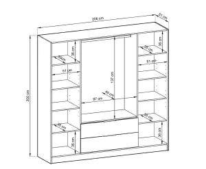 Nelly Contemporary Mirrored Hinged 4 Door Wardrobe Grey 2 Drawers 8 Shelves 1 Rail Lamela Decor (H)2000mm (W)2060mm (D)510mm