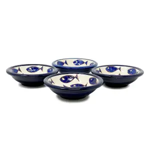 Signature Blue & White Fish Hand Painted Ceramic Set of 4 Tapas Food Bowls (Diam) 10cm