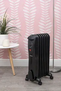 Schallen Oil Filled Radiator 1500W 7 Fin Portable Heater with Thermostat - BLACK