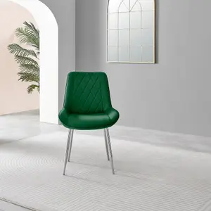 Set of 2 Pesaro Luxury Green Soft Touch Diamond Stitched Velvet Silver Chromed Metal Leg Dining Chairs