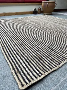 CHAKKAR DARK Stripe Square Jute Beige Black Rug / 180 cm x 180 cm