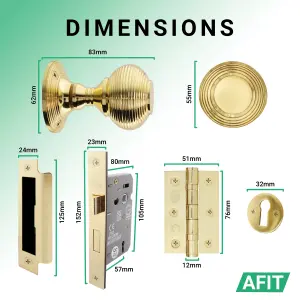 AFIT Beehive Key Lock Door Knob Set Polished Brass - 1 Pair of Reeded Mortice Knobs (55mm), Sash Lock (80mm) & Hinges (76mm)