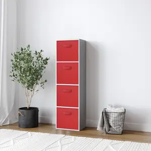 URBNLIVING 106cm Height Grey 4-Tier Cube Shelving Unit with Red Inserts