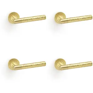 4 PACK - SOLID BRASS Hammered Door Handle Set - Satin Brass Straight Lever Round Rose