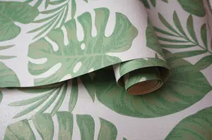 Riviera Tropical Leaf Wallpaper Grey Green Gold Metallic Textured Holden Decor