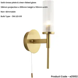 Bathroom Satin Brass Plate Wall Light - Clear Ribbed Glass Shade - Non-Dimmable 3W LED G9