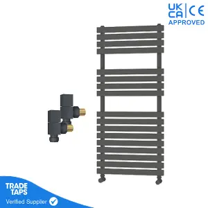 Designer Delta Anthracite Flat Panel Towel Radiator Heated Ladder Rail - 1106 x 500mm - Angled Manual Square Valve Pair