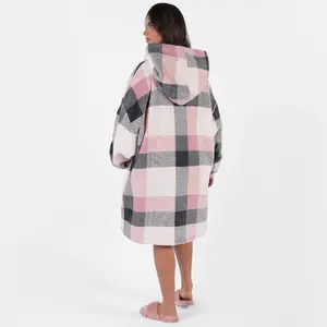 Dreamscene Check Hoodie Blanket Soft Wearable Sherpa Oversized Sweatshirt, Blush