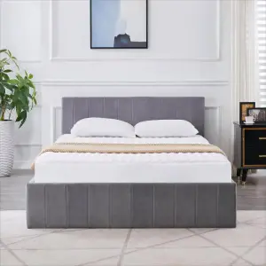 Ottoman Storage Bed grey small double 4ft 6 line pattern fabric velvet and 1 Mattress bedroom furniture