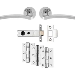 Premium Door Handle & Latch Pack - Polished Chrome Slim Curved Lever Round Rose