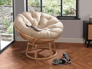 Desser Indoor Natural Rattan Papasan Chair with Cushion - Adjustable Natural Cane Wicker Seat with UK Made Cushion in Latte