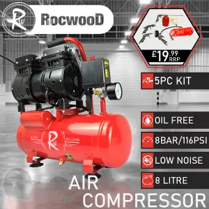 RocwooD Air Compressor Electric 8L Litre 550w Silent 116PSI Plus 5pc Tool Kit