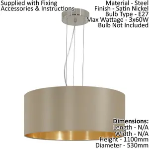 Pendant Ceiling Light Colour Satin Nickel Steel Shade Taupe Gold Fabric Bulb E27 3x60W