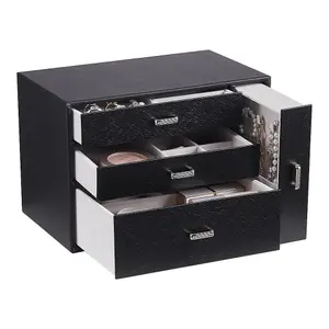 Sleek Black Faux Leather Jewellery Box with Transparent Display Window and Necklace Drawer