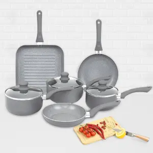 Aluminium 9 Pc Grey Marble Non Stick Pan Set Induction Frying Grill Saucepan Pot