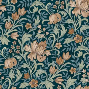 Grandeco Marian Floral trail Navy & terracotta Smooth Wallpaper