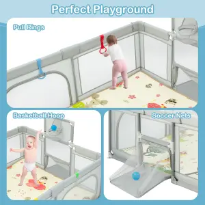 Costway Large Baby Playpen Activity Centre w/Mat Basketball Hoop Soccer Nets & Pull Rings