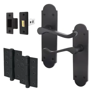 AFIT Matt Black Door Handle Latch Set - Victorian Scroll Shaped - 1 Pair of Internal Door Handles, Hinges 76mm & Latch 64mm