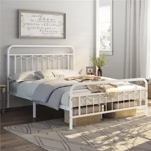 Yaheetech White 4ft6 Double Metal Bed Frame with Vintage Headboard and Footboard