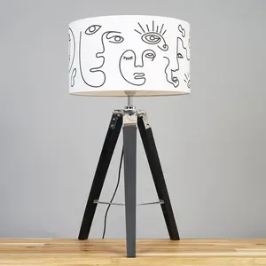 Margaree Black Wood & Chrome Tripod Table Lamp With Large Art Design Drum Shade & GLS 3000K ES E27 LED Bulb No