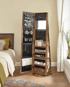 360 Swivel Jewellery Cabinet, High Full Length Mirror, Lockable Jewellery Organiser with Built-In Small Mirror, Rear Storage