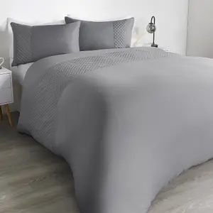 Filled Pinsonic Grid Panel Duvet Cover Bedding Set, Charcoal - Superking