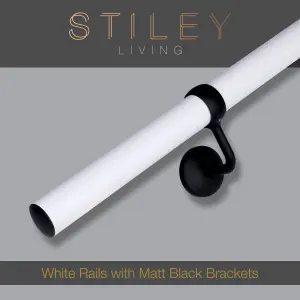 Matt White Stair Handrail Kit & Matt Black Brackets - 1.2m X 40mm