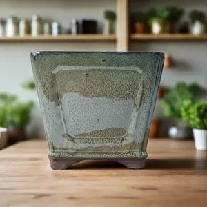 15cm Glazed Cascade Bonsai Pot - Square - 15cm x 15cm x 12cm - Green