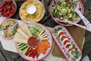 Purely Home Mediterranean Melamine Oval Bowl, Oval Tray, Round Platter & Salad Servers Set