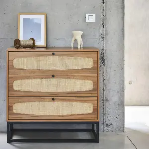 sweeek. 3-drawer chest with wood and cane effect Retro Natural 40x80x80 cm