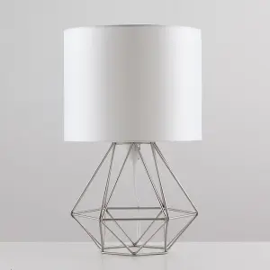 ValueLights Angus Modern Silver Metal Basket Cage Bed Side Table Lamp with White Fabric Shade